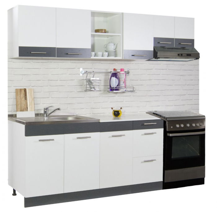 Set bucatarie SARONA 220 cm, 5 corpuri, corp hota, blat PAL, alb + antracit