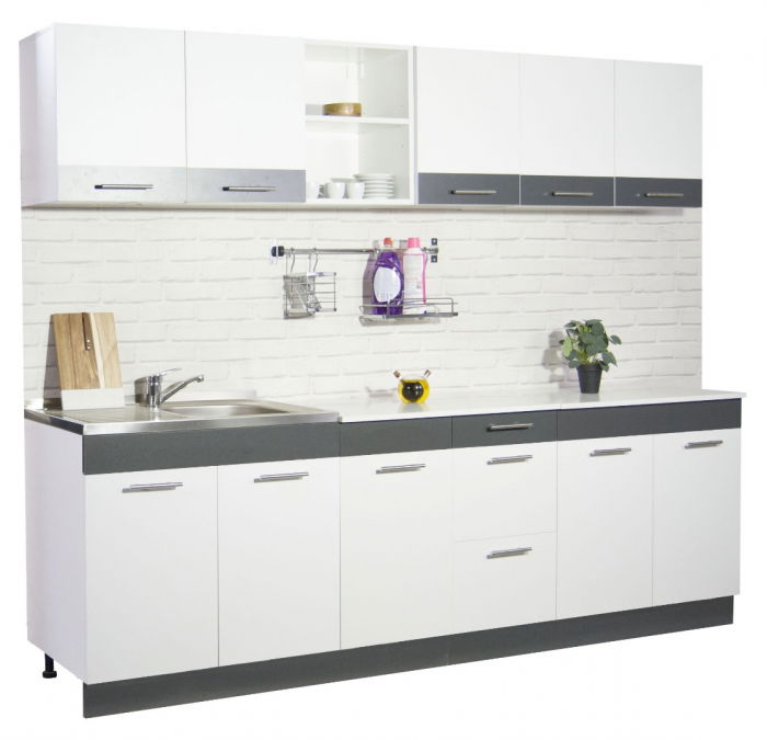 Set bucatarie SARONA 240 cm, 6 corpuri, blat PAL, alb + antracit