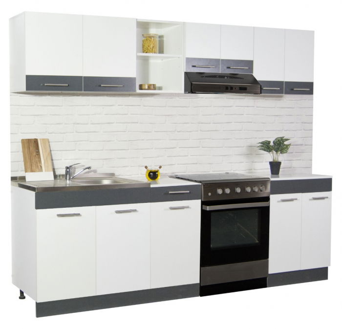 Set bucatarie SARONA 240 cm, 5 corpuri, corp hota, blat PAL, alb + antracit
