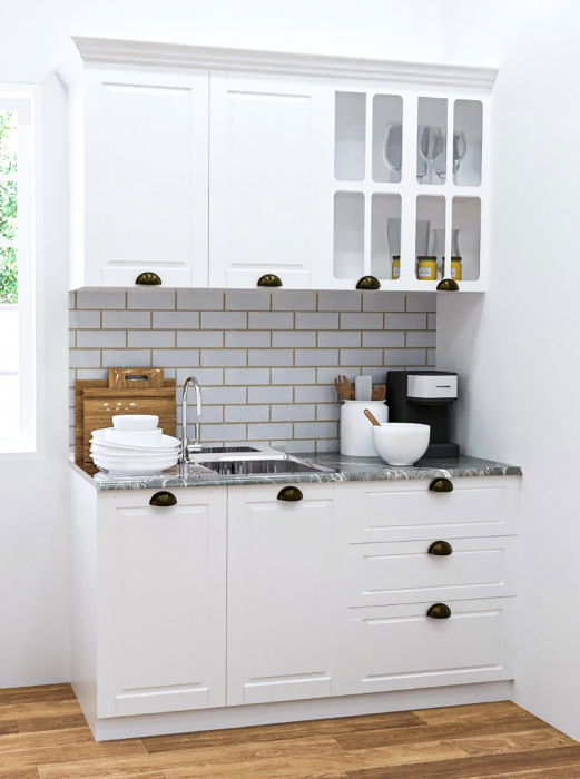 Set bucatarie SQUARE 140.01 cm, 4 corpuri, blat termorezistent, fronturi MDF, alb rustic