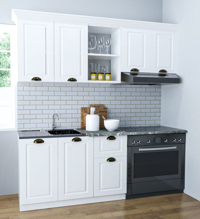 Set bucatarie SQUARE 180 cm, 3 corpuri, blat termorezistent, fronturi MDF, alb rustic