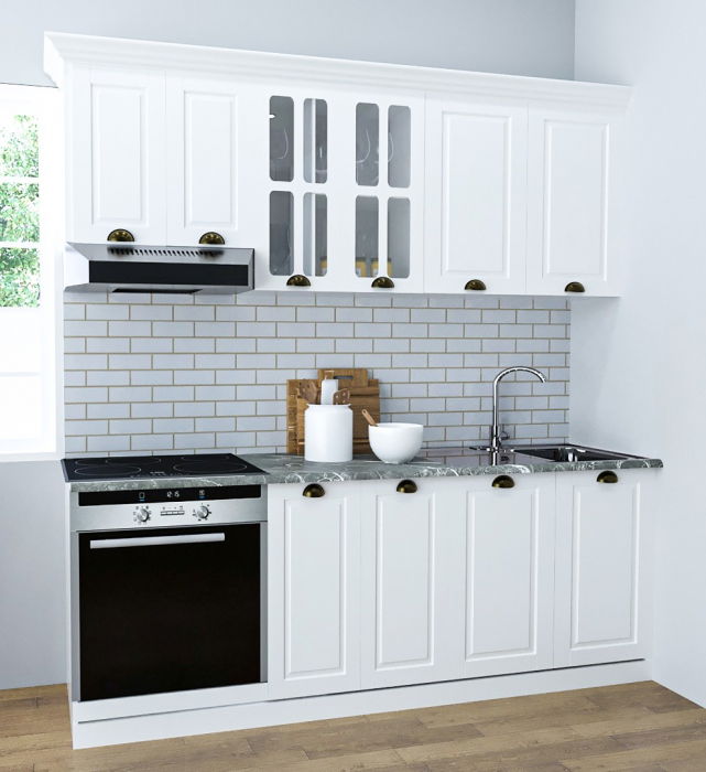 Set bucatarie SQUARE 200 cm, 6 corpuri, corp cuptor, blat termorezistent, fronturi MDF, alb rustic