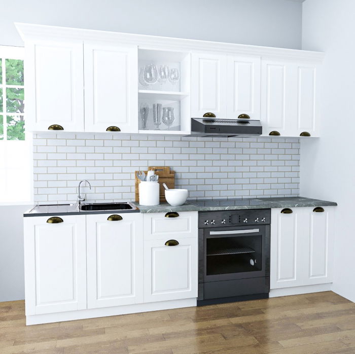 Set bucatarie SQUARE 240 cm, 5 corpuri, blat termorezistent, fronturi MDF, alb rustic