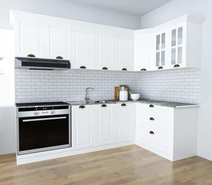 Set bucatarie SQUARE COLT 240x140 cm, 9 corpuri, blat termorezistent, fronturi MDF, alb rustic