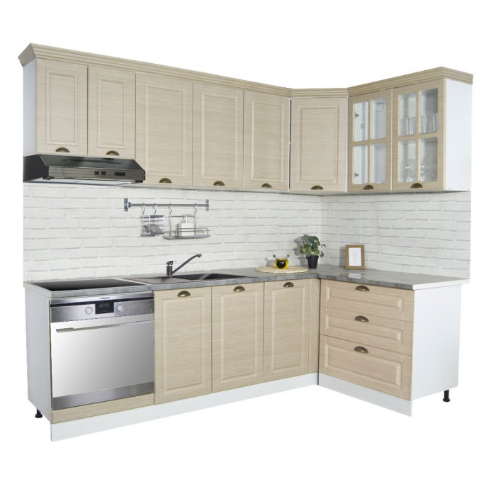 Set bucatarie SQUARE COLT 240x140 cm, 9 corpuri, blat termorezistent, fronturi MDF, fag