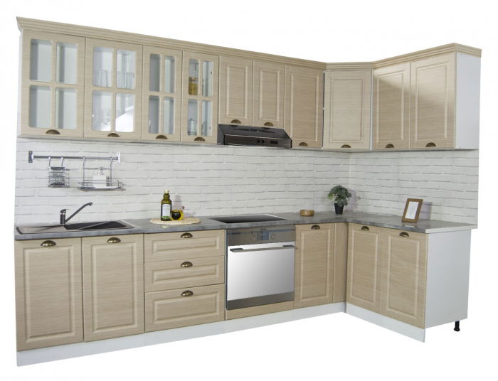 Set bucatarie SQUARE COLT 300x140 cm, 11 corpuri, blat termorezistent, fronturi MDF, fag