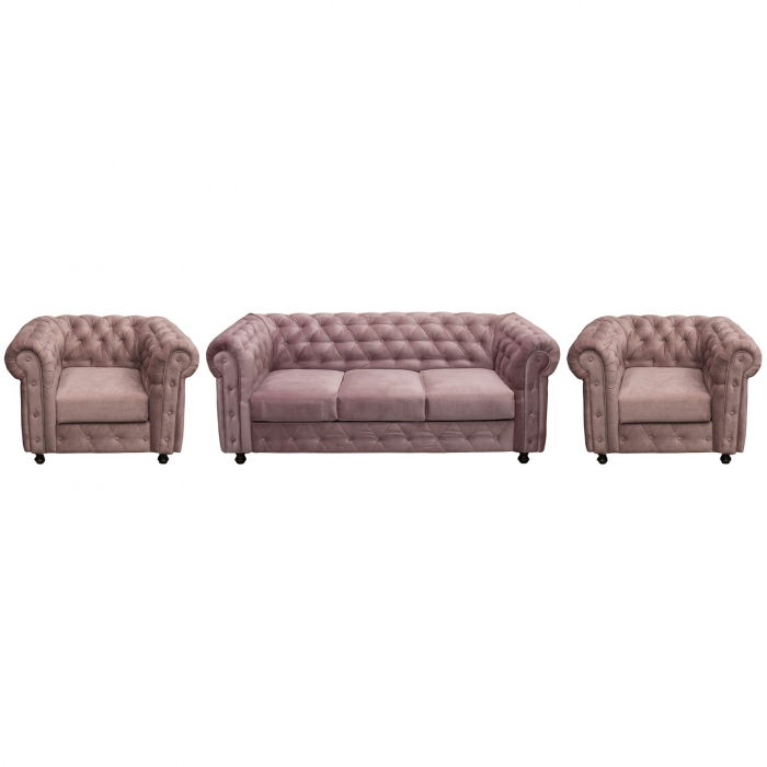 Set CHESTERFIELD 3-1-1, canapea extensibila 3 locuri si 2 fotolii fixe, roz prafuit