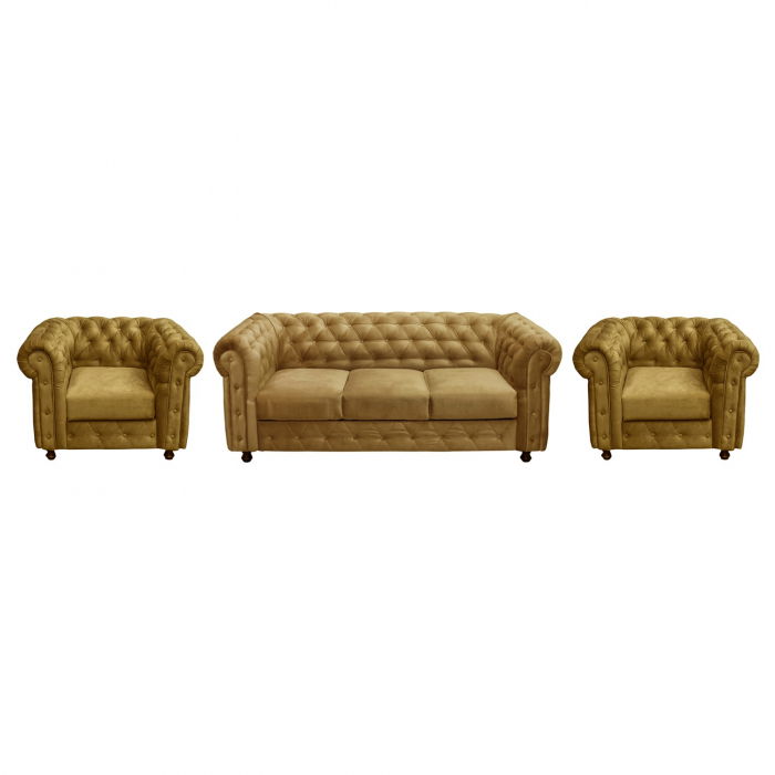 Set CHESTERFIELD 3-1-1, canapea  extensibila 3 locuri si 2 fotolii fixe, galben