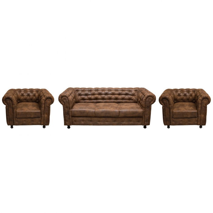 Set CHESTERFIELD 3-1-1, canapea extensibila 3 locuri si 2 fotolii fixe, maro