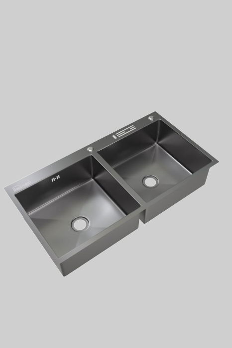 Set chiuveta cuva dubla pentru corp 80 cm, inox 3mm, baterie extractibila 3 functii, cos scurgere vase, dozator de detergent, suport pentru cutite, 82x45 cm [4]