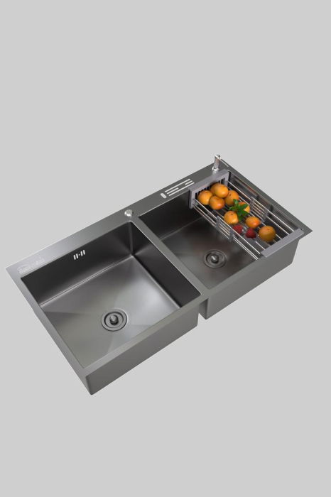 Set chiuveta cuva dubla pentru corp 80 cm, inox 3mm, baterie extractibila 3 functii, cos scurgere vase, dozator de detergent, suport pentru cutite, 82x45 cm [3]