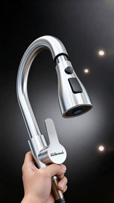 Set chiuveta de bucatarie, inox 3 mm, baterie extractibila 3 functii, cos scurgere vase, dozator detergent, 60x45 cm [6]