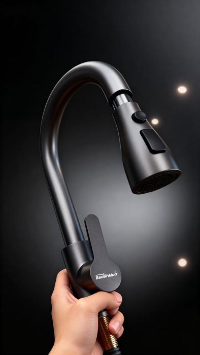 Set chiuveta de bucatarie, inox negru grafit 3mm, baterie extractibila 3 functii, sifon, dozator detergent, cos scurgere vase, 60x45 cm [6]