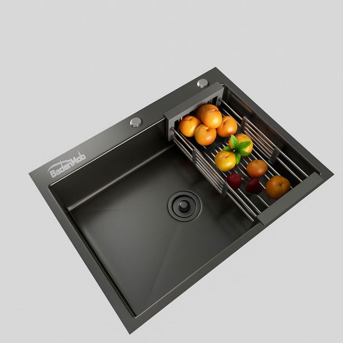 Set chiuveta de bucatarie, inox negru grafit 3mm, baterie extractibila 3 functii, sifon, dozator detergent, cos scurgere vase, 60x45 cm [3]