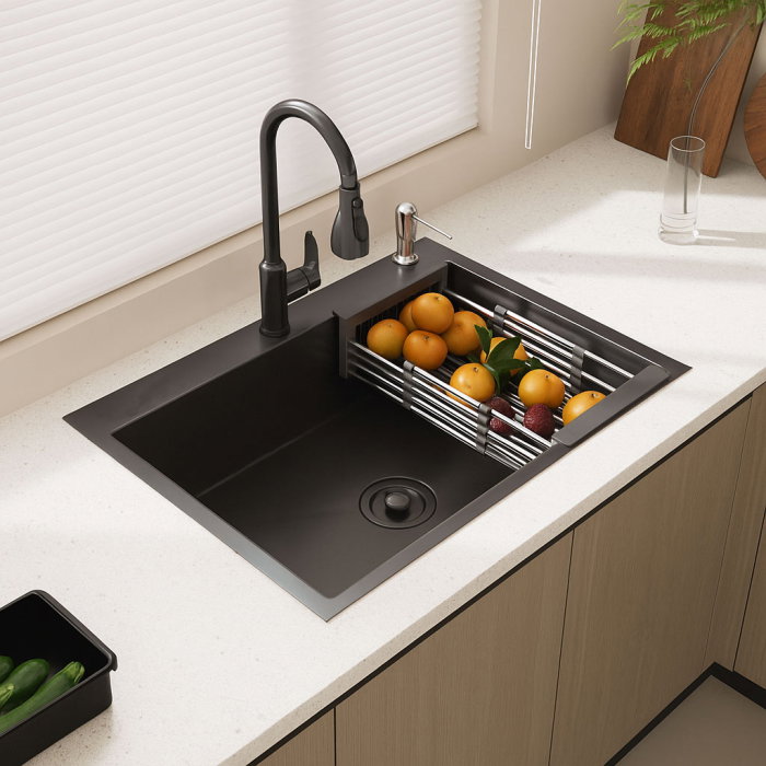 Set chiuveta de bucatarie, inox negru grafit 3mm, baterie extractibila 3 functii, sifon, dozator detergent, cos scurgere vase, 60x45 cm [1]