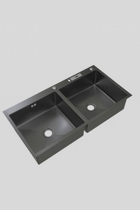 Set chiuveta dubla pentru corp 80cm, inox negru grafit 3mm, baterie extractibila 3 functii, sifon, dozator detergent, cos scurgere vase, suport cutite, 82x45 cm [4]