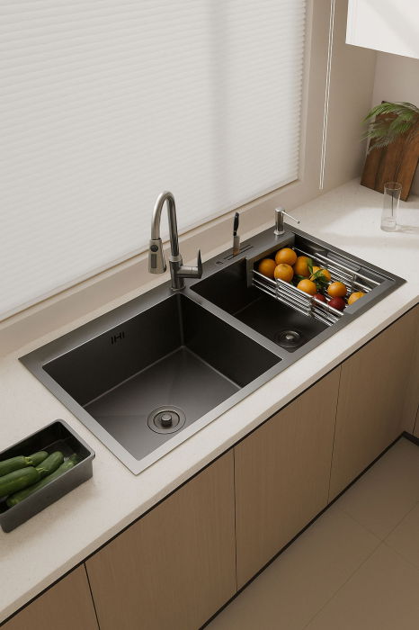 Set chiuveta dubla pentru corp 80cm, inox negru grafit 3mm, baterie extractibila 3 functii, sifon, dozator detergent, cos scurgere vase, suport cutite, 82x45 cm [1]