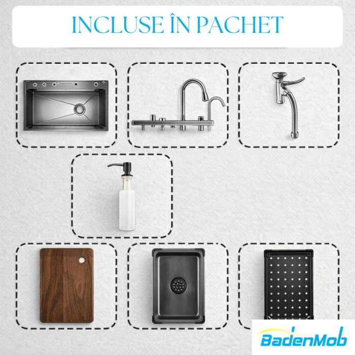 Set chiuveta multifunctionala smart, inox 3 mm, afisaj digital, doua cascade, spalator pahare, dozator detergent, baterie extensibila cu 3 functii, tocator, tava si sita inclusa, antizgarieturi, 75X45 cm [16]