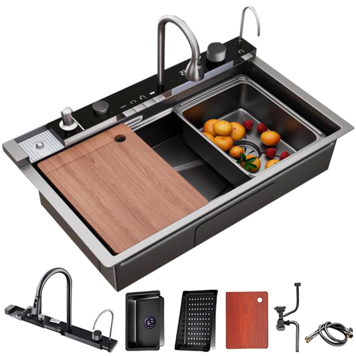 Set chiuveta multifunctionala smart, inox 3 mm, afisaj digital, doua cascade, spalator pahare, dozator detergent, baterie extensibila cu 3 functii, tocator, tava si sita inclusa, antizgarieturi, 75X45 cm [1]