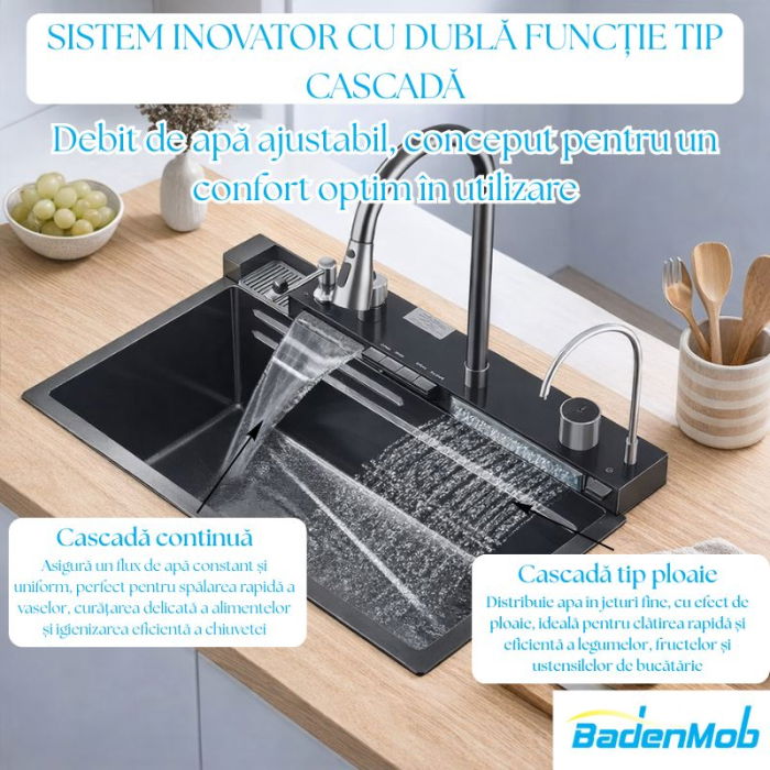 Set chiuveta multifunctionala smart, inox 3 mm, afisaj digital, doua cascade, spalator pahare, dozator detergent, baterie extensibila cu 3 functii, tocator, tava si sita inclusa, antizgarieturi, 75X45 cm [5]