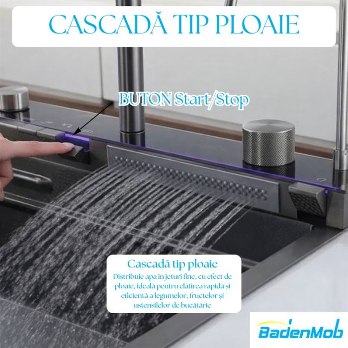 Set chiuveta multifunctionala smart, inox 3 mm, afisaj digital, doua cascade, spalator pahare, dozator detergent, baterie extensibila cu 3 functii, tocator, tava si sita inclusa, antizgarieturi, 75X45 cm [8]