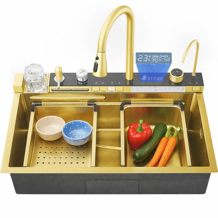 Set chiuveta multifunctionala smart, inox auriu 3 mm, afisaj digital, doua cascade, spalator pahare, dozator detergent, baterie extensibila cu 3 functii, tocator, tava si sita inclusa, 75X45 cm [1]