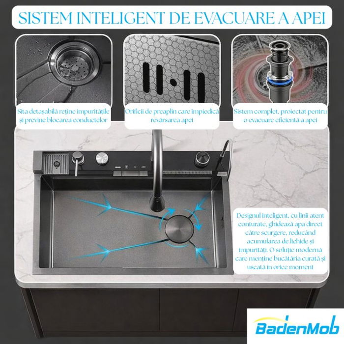 Set chiuveta multifunctionala smart, inox auriu 3 mm, afisaj digital, doua cascade, spalator pahare, dozator detergent, baterie extensibila cu 3 functii, tocator, tava si sita inclusa, 75X45 cm [11]