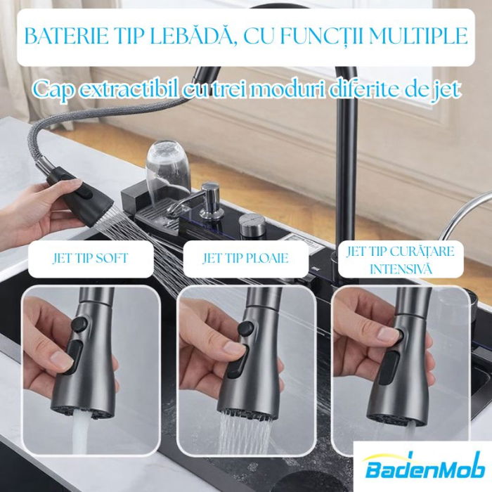 Set chiuveta multifunctionala smart, inox auriu 3 mm, afisaj digital, doua cascade, spalator pahare, dozator detergent, baterie extensibila cu 3 functii, tocator, tava si sita inclusa, 75X45 cm [3]