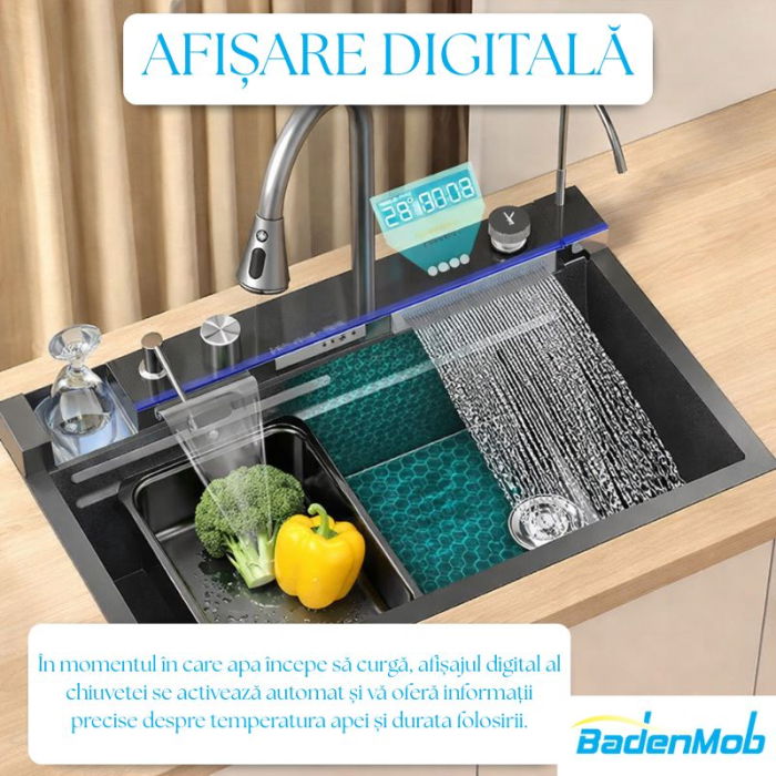 Set chiuveta multifunctionala smart, inox auriu 3 mm, afisaj digital, doua cascade, spalator pahare, dozator detergent, baterie extensibila cu 3 functii, tocator, tava si sita inclusa, 75X45 cm [2]