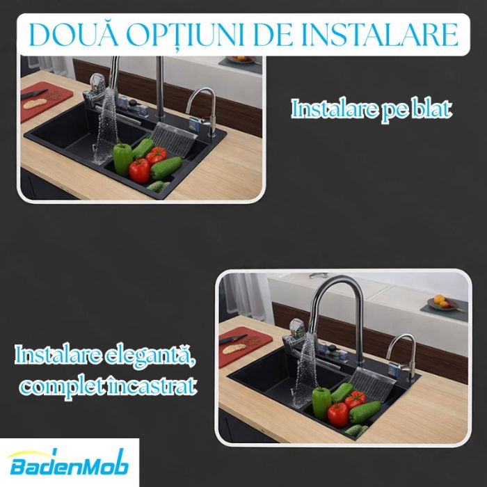 Set chiuveta multifunctionala smart, inox auriu 3 mm, afisaj digital, doua cascade, spalator pahare, dozator detergent, baterie extensibila cu 3 functii, tocator, tava si sita inclusa, 75X45 cm [12]