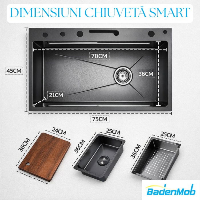 Set chiuveta multifunctionala smart, inox auriu 3 mm, afisaj digital, doua cascade, spalator pahare, dozator detergent, baterie extensibila cu 3 functii, tocator, tava si sita inclusa, 75X45 cm [14]