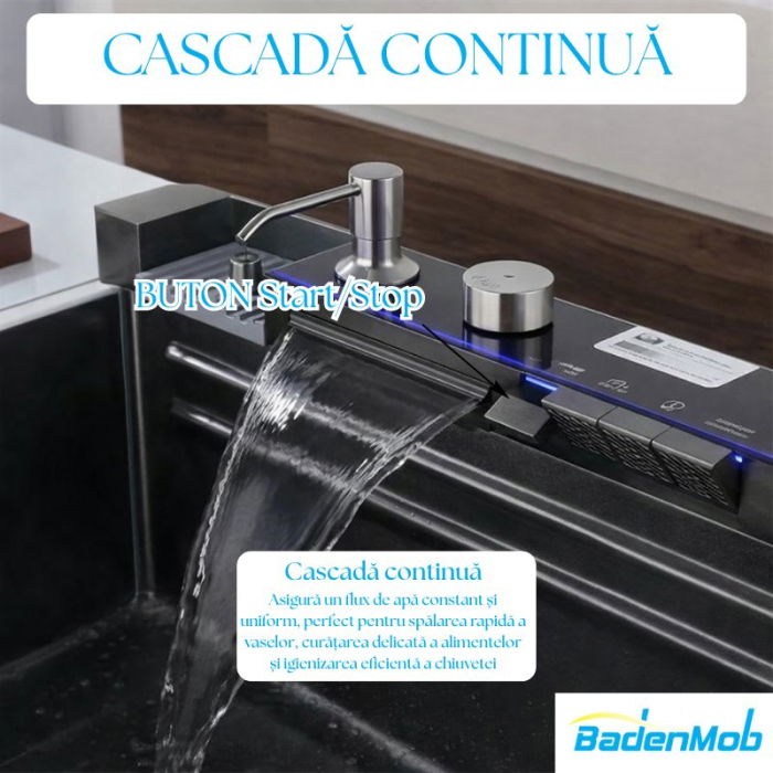 Set chiuveta multifunctionala smart, inox negru grafit 3 mm, afisaj digital, doua cascade, spalator pahare, dozator detergent, baterie extensibila cu 3 functii, tocator, tava si sita inclusa, 75X45 cm [10]