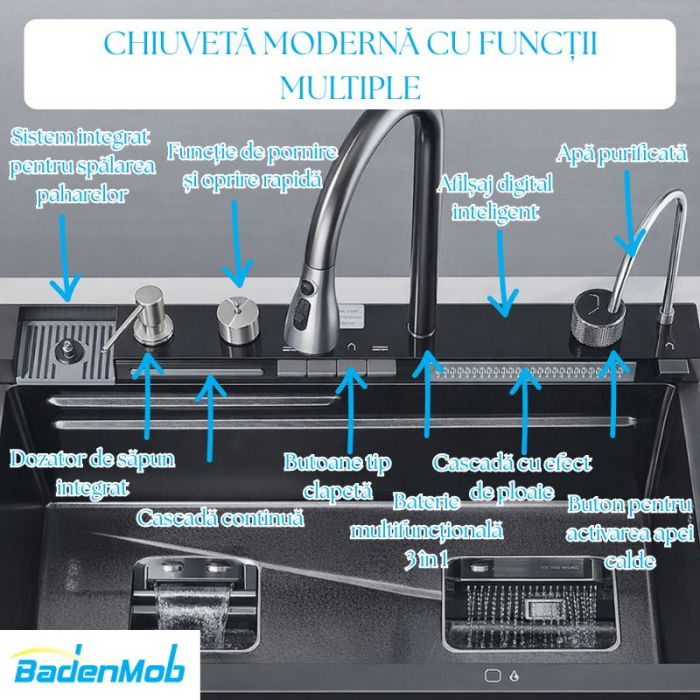 Set chiuveta multifunctionala smart, inox negru grafit 3 mm, afisaj digital, doua cascade, spalator pahare, dozator detergent, baterie extensibila cu 3 functii, tocator, tava si sita inclusa, 75X45 cm [14]