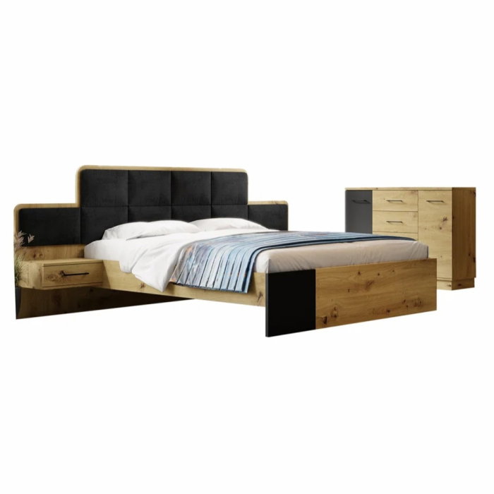 Set dormitor SNAKE, 2 piese, pat 160x200 cm cu noptiere si comoda, artisan + negru [1]