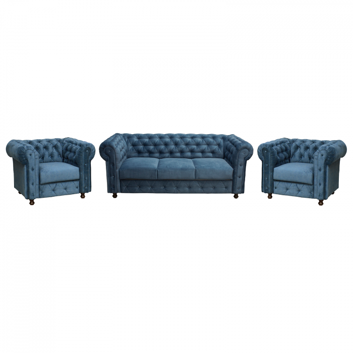 Set CHESTERFIELD 3-1-1, canapea  extensibila 3 locuri si 2 fotolii fixe, albastru