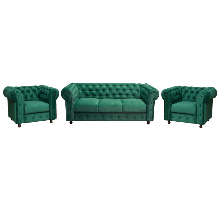 Set CHESTERFIELD 3-1-1, canapea  extensibila 3 locuri si 2 fotolii fixe, verde