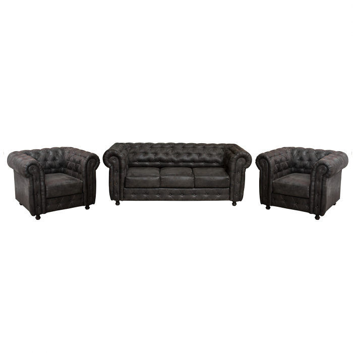 Set CHESTERFIELD 3-1-1, canapea  extensibila 3 locuri si 2 fotolii fixe, negru