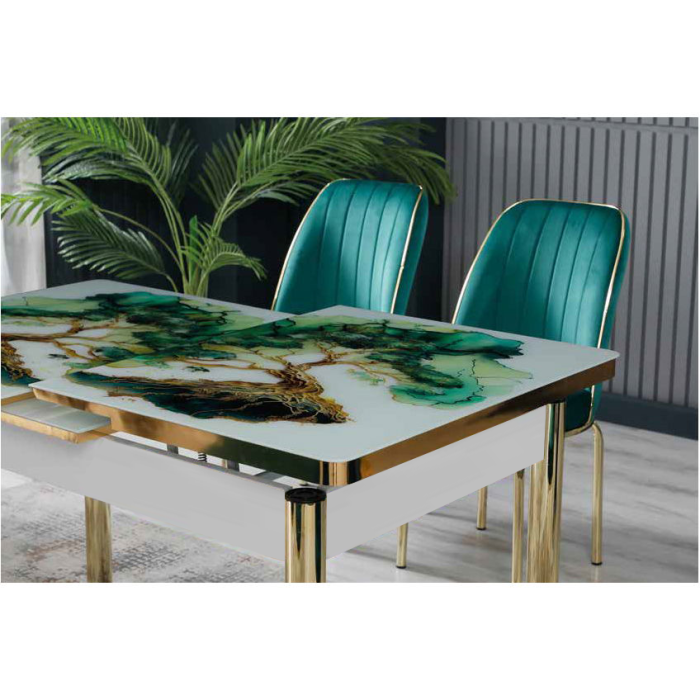 Set LION GOLD, masa extensibila cu 6 scaune, dreptunghiulara, alb print verde + auriu + verde, 130/170x80x75 cm [2]