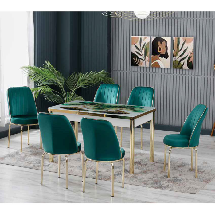 Set LION GOLD, masa extensibila cu 6 scaune, dreptunghiulara, alb print verde + auriu + verde, 130/170x80x75 cm [1]