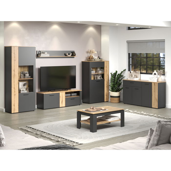 Set Living ESTEBAN, 6 piese, 2 vitrine, 2 comode, masuta, raft suspendat, grafit + stejar evok, 320x42x195 cm