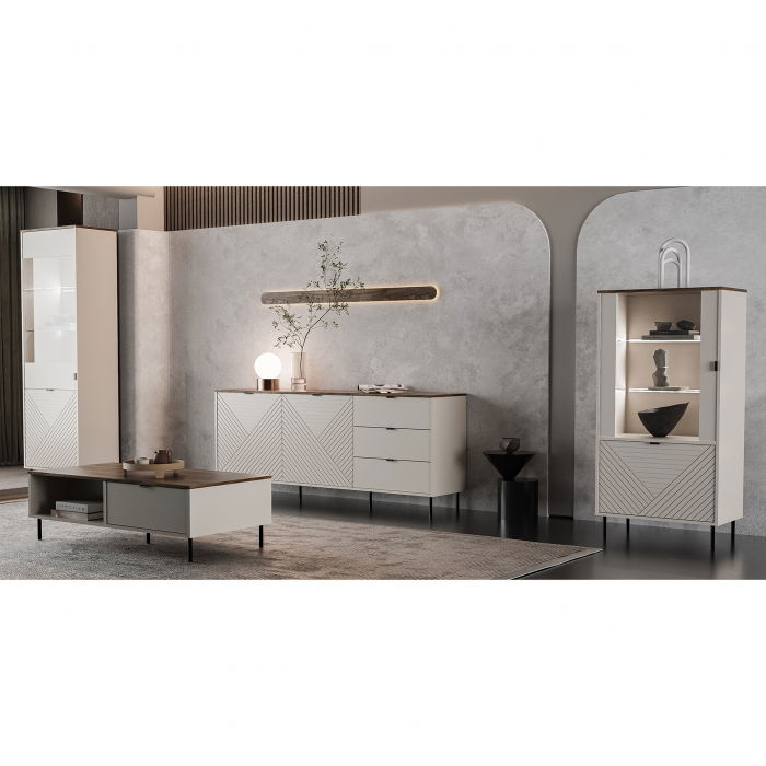 Set Living EVO, 4 piese, 2 vitrine, comoda, masuta cafea, casmir + stejar castello, 315x40x135 cm
