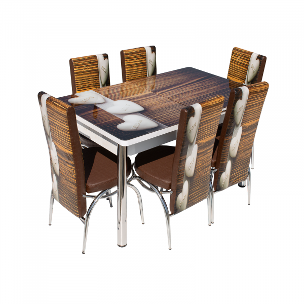 Set Lara, masa extensibila cu 6 scaune print, maro inimi, 130 165x80x79 cm
