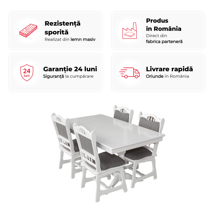 Set masa extensibila EUROPA dreptunghiulara cu 4 scaune FLANDER stofa gri, lemn masiv, alb, 160/240x90x70 cm [2]