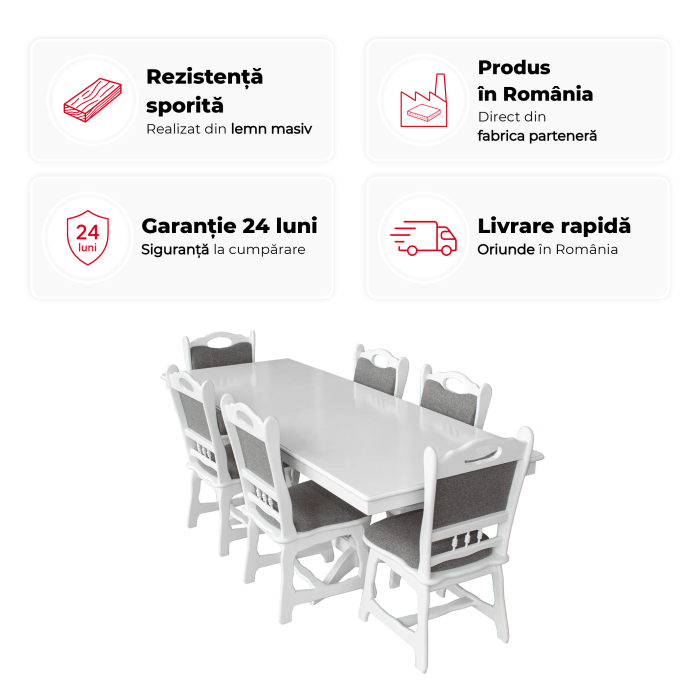 Set masa extensibila EUROPA dreptunghiulara cu 6 scaune FLANDER stofa gri, lemn masiv, alb, 160/240x90x70 cm [2]