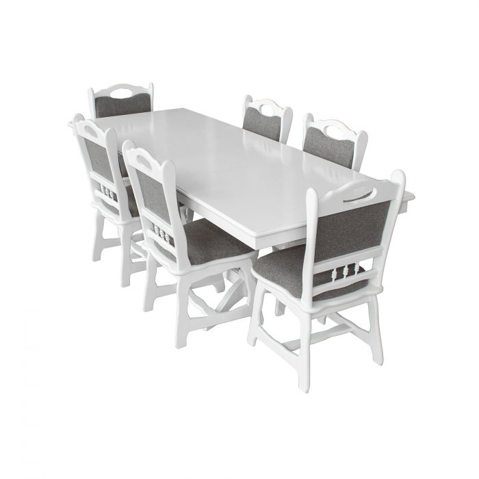 Set masa extensibila EUROPA dreptunghiulara cu 6 scaune FLANDER stofa gri, lemn masiv, alb, 160 240x90x70 cm