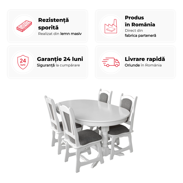 Set masa extensibila EUROPA ovala cu 4 scaune IZA stofa gri, lemn masiv, alb, 160/240x90x70 cm [2]