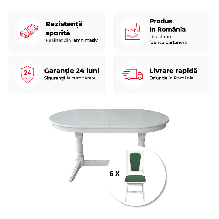 Set masa extensibila EUROPA ovala cu 6 scaune IZA stofa verde, lemn masiv, alb, 160/240x90x70 cm [2]