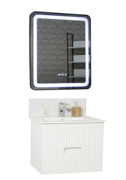 Set Baza front MDF cu Lavoar si Oglinda cu iluminare LED, seria 009, suspendata, cu sertare, 70 cm, alb [2]