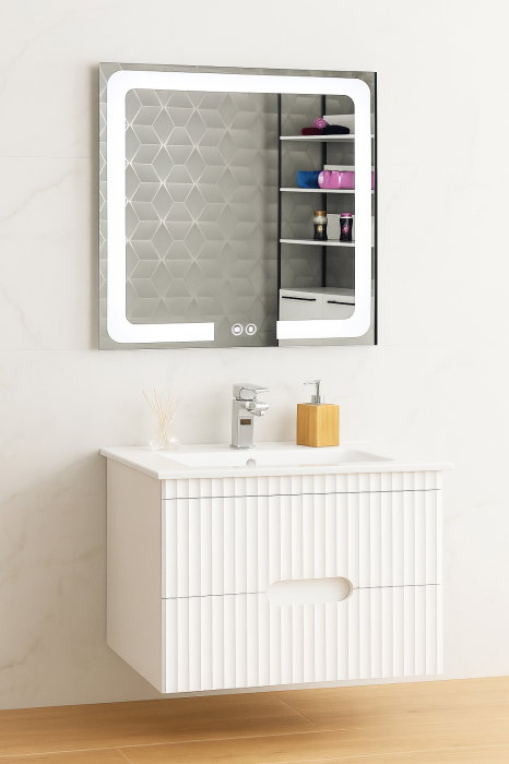 Set Baza front MDF cu Lavoar si Oglinda cu iluminare LED, seria 009, suspendata, cu sertare, 80 cm, alb [1]