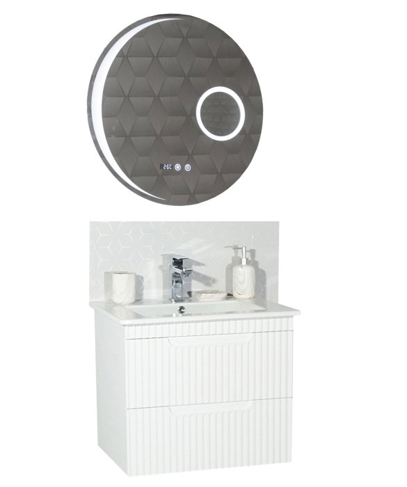 Set Baza front MDF cu Lavoar si Oglinda cu iluminare LED, seria 033, suspendata, cu sertare, montat, 60 cm, alb [2]